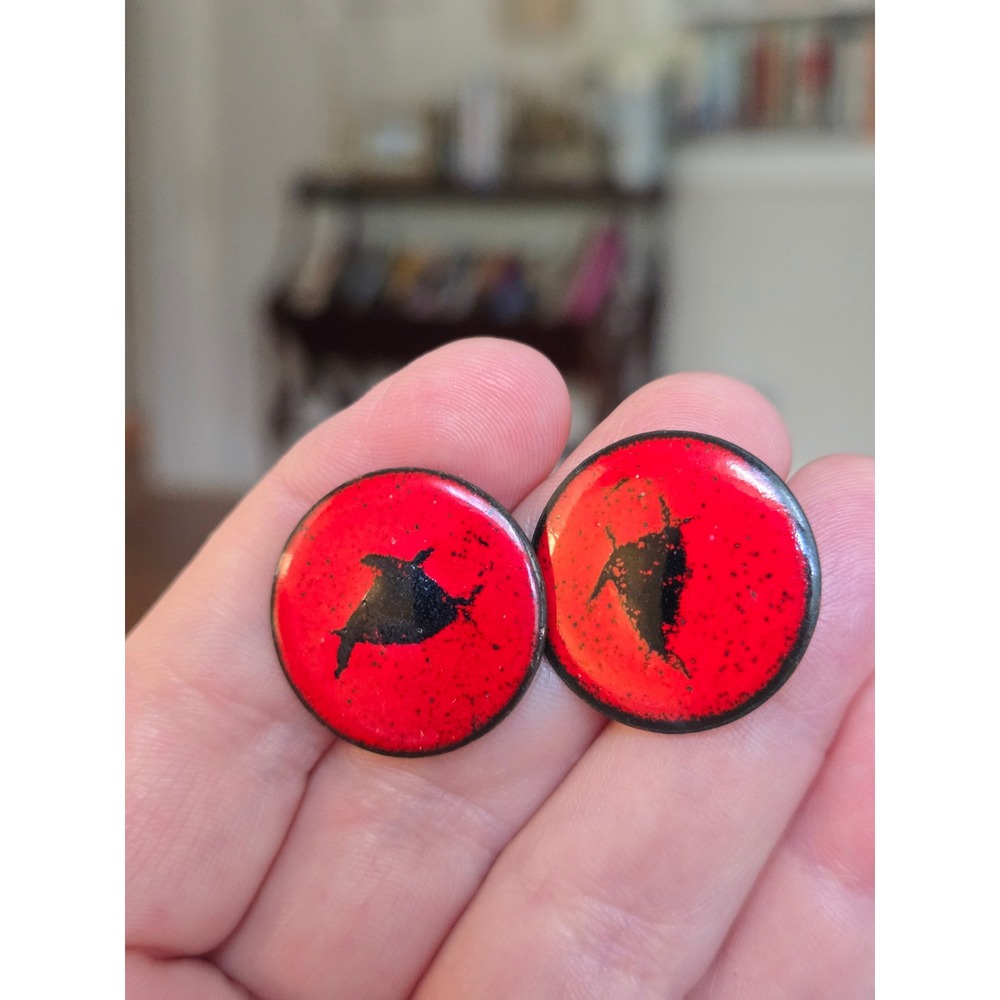 Copper Red Black Enamel Earrings Sputnik Inspired Vintage 1950s